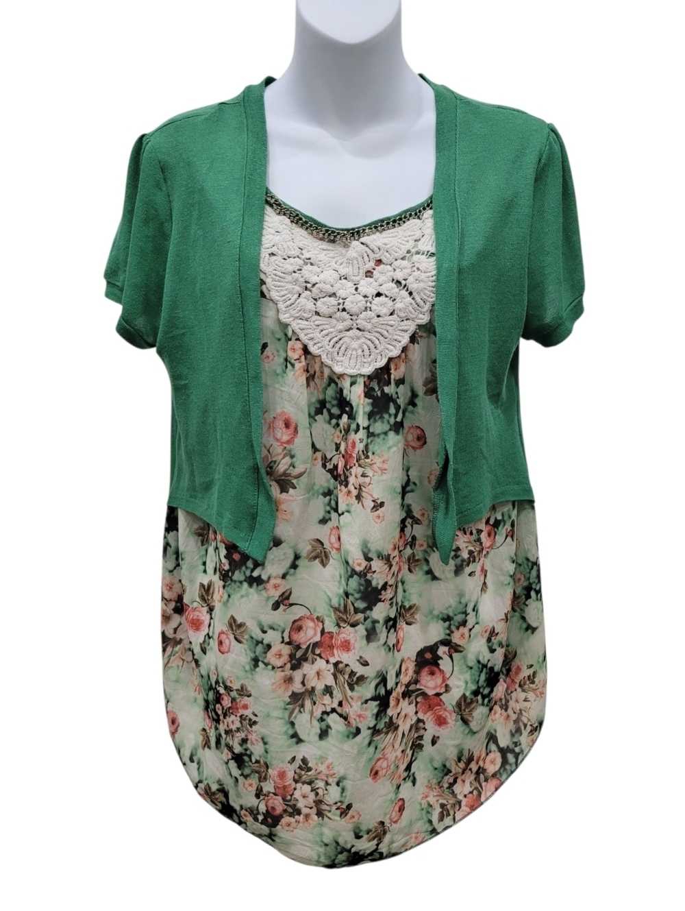 2/$20 Y2K Korea Green & White Floral Pattern One Piece Blouse Size: Large